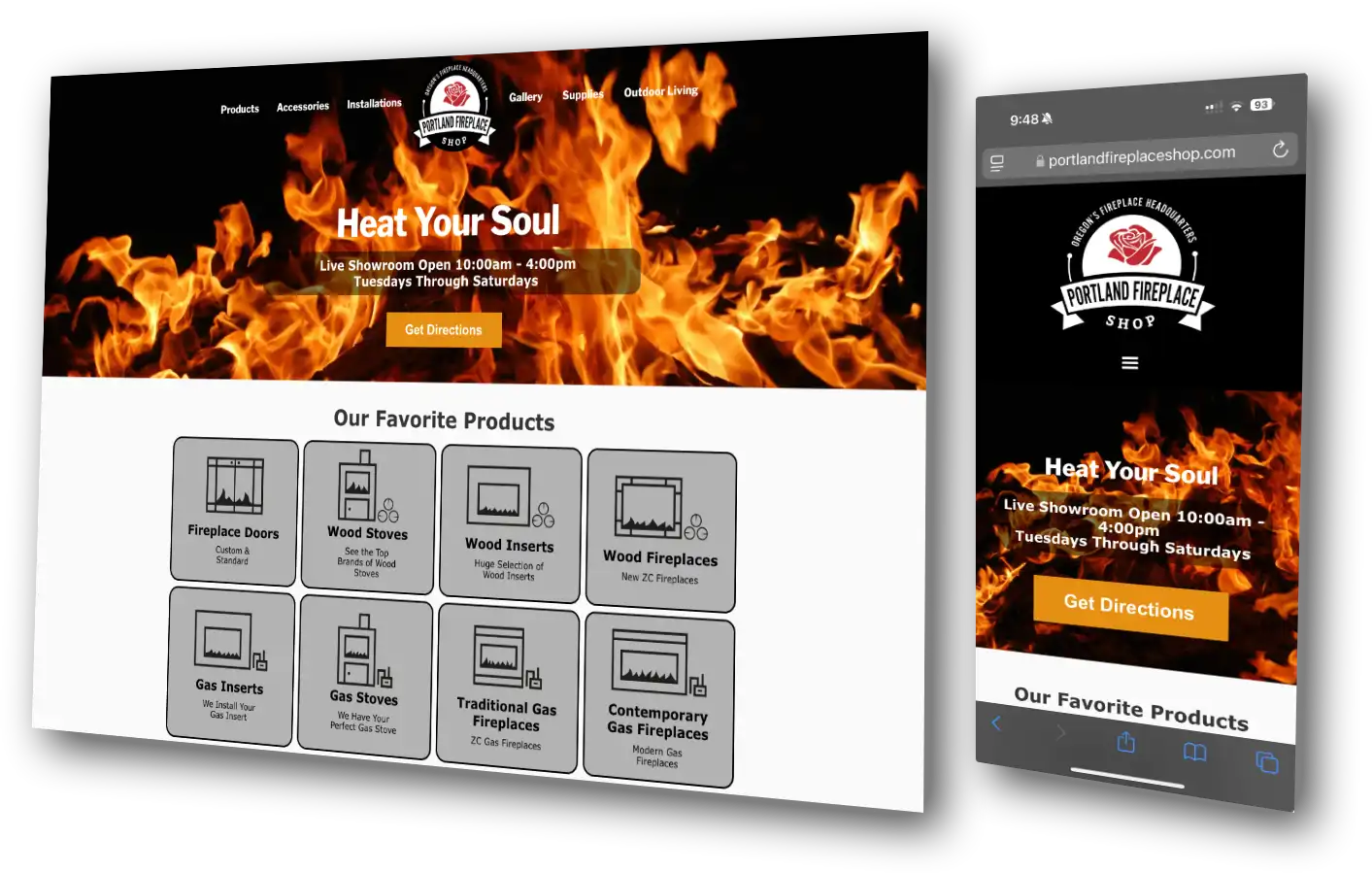 PortlandFireplaceShop.com shown on a laptop and a phone